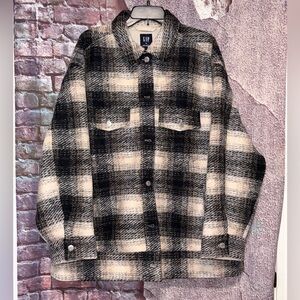 GAP Wool Shacket Women's Plaid Jacket in Navy Gray & Cream Size XL NWT